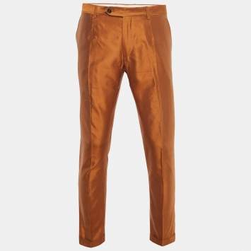 Pre Owned Dolce & Gabbana Orange Raw Silk Tailored Trousers M