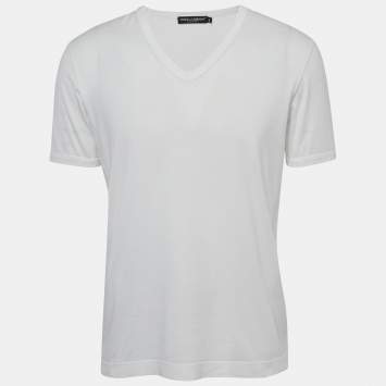 Pre Owned Dolce & Gabbana White Cotton V-Neck T-Shirt M