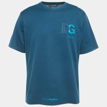 Pre Owned Dolce & Gabbana Teal Blue Logo Embossed Cotton Crew Neck T-Shirt S