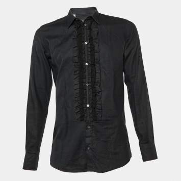 Pre Owned Dolce & Gabbana Black Cotton Ruffle Detail Gold Fit Button Front Shirt M