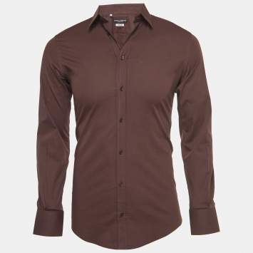 Pre Owned Dolce & Gabbana Gold Brown Cotton Button Front Full Sleeve Shirt S