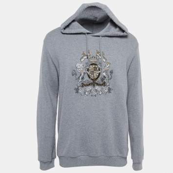 Pre Owned Dolce & Gabbana Grey Embroidered Cotton Knit Hoodie XL