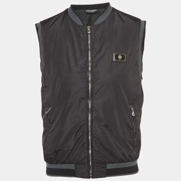Pre Owned Dolce & Gabbana Black Nylon Plaque Detail Zip Front Gilet L