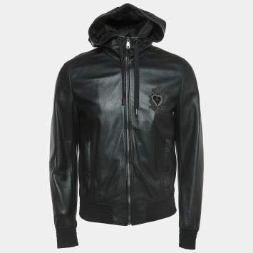Pre Owned Dolce & Gabbana Black Logo Embroidered Leather Hoodie XL