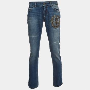 Pre Owned Dolce & Gabbana Blue Embroidered Denim Classic Jeans L Waist 36''