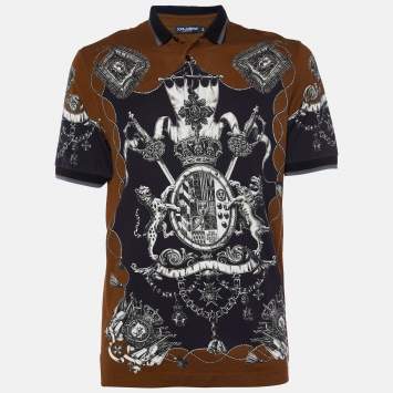 Pre Owned Dolce & Gabbana Brown Crown Print Cotton Pique Polo T-Shirt L