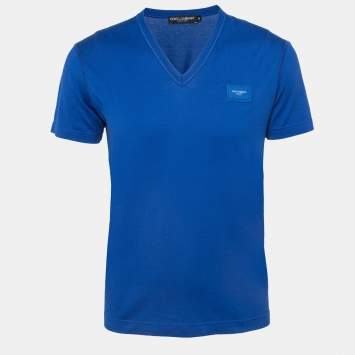 Pre Owned Dolce & Gabbana Blue Logo Applique Cotton Knit V-Neck T-Shirt S