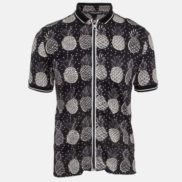 Pre Owned Dolce & Gabbana Black Pineapple Print Cotton Pique Zipper Polo T-Shirt M