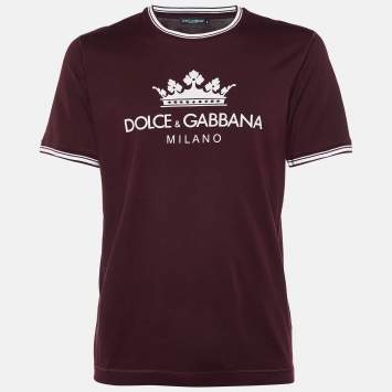 Pre Owned Dolce & Gabbana Burgundy Logo Print Cotton Crew Neck T-Shirt L