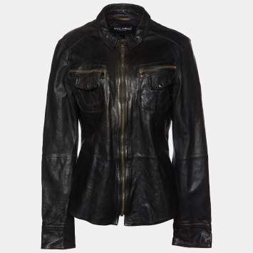 Pre Owned Dolce & Gabbana Black Leather Zip Front Jacket L