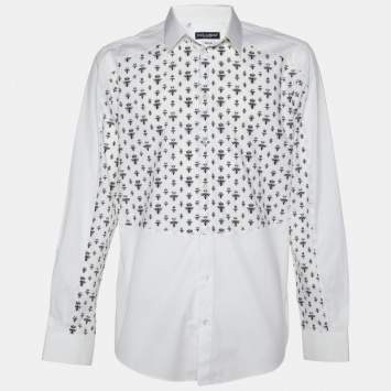 Pre Owned Dolce & Gabbana Gold White Queen Bee Print Cotton Shirt L