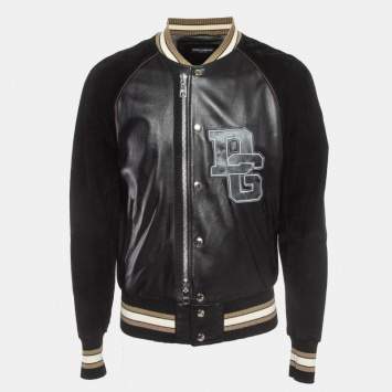 Pre Owned Dolce & Gabbana Black Leather and Suede Varsity Bomber Jacket L