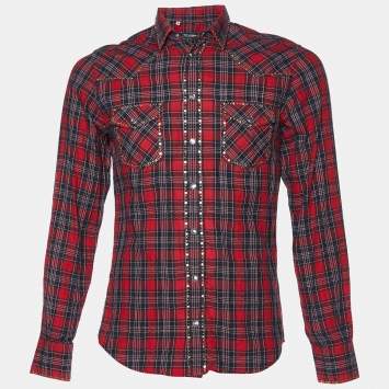Pre Owned Dolce & Gabbana Red Plaid Checked Cotton Studded Shirt S