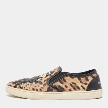 Pre Owned Dolce & Gabbana Brown/Black Leather Leopard print Slip On Sneakers Size 40.5