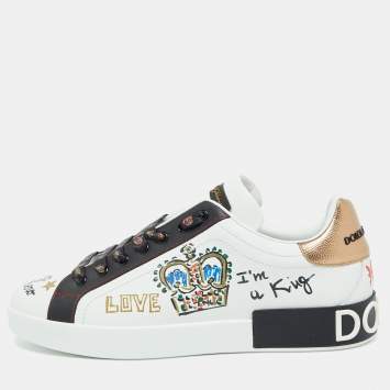 Pre Owned Dolce & Gabbana White Leather Crown Patch Lace Up Sneakers Size 44.5