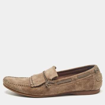 Pre Owned Dolce & Gabbana Brown Suede Fringe Slip On Loafers Size 45