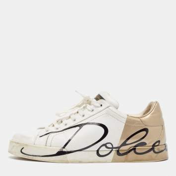 Pre Owned Dolce & Gabbana White/Gold Leather Portofino Lace Up Sneakers Size 42