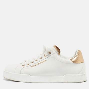 Pre Owned Dolce & Gabbana White/Gold Leather Portofino Sneakers Size 42.5