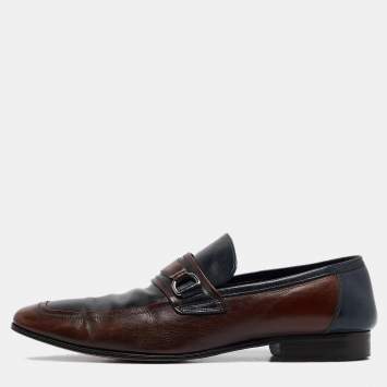 Pre Owned Dolce & Gabbana Navy Blue/Brown Leather Buckle Loafers Size 42.5