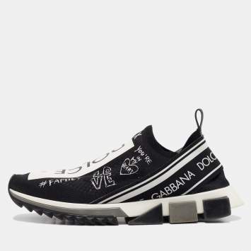 Pre Owned Dolce & Gabbana Black/White Knit Fabric Sorrento Slip On Sneakers Size 44