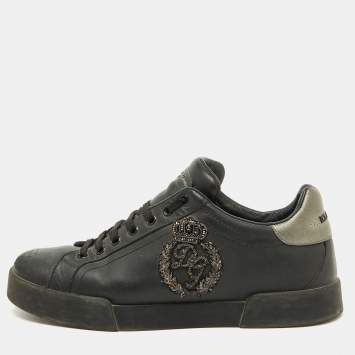 Pre Owned Dolce & Gabbana Black Leather Portofino Crown Patch Sneakers Size 41
