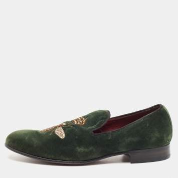 Pre Owned Dolce & Gabbana Green Velvet Bee Embraided Slip On Loafers Size 42