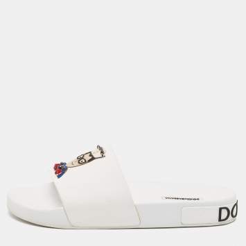 Pre Owned Dolce & Gabbana White Rubber Studded Accents Pool Slide Sandals Size 41