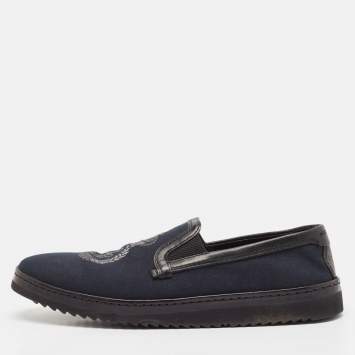 Pre Owned Dolce & Gabbana Blue/Black Denim and Leather Slip On Sneakers Size 44