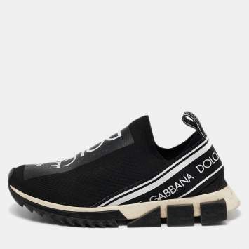 Pre Owned Dolce & Gabbana Black/White Knit Fabric Sorrento Slip On Sneakers Size 43