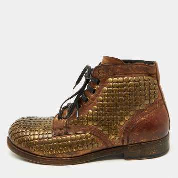 Pre Owned Dolce & Gabbana Brown Leather Runway Studs Cortina Ankle Boots Size 43