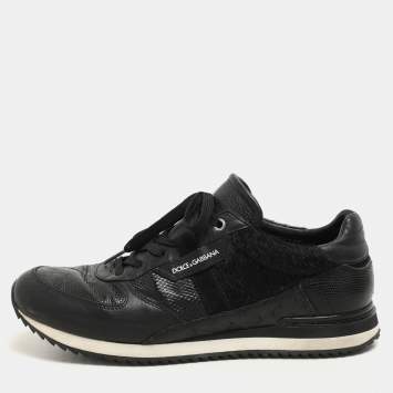 Pre Owned Dolce & Gabbana Black Calf Hair and Exotic Embossed Leather Lace Up Sneakers Size 43