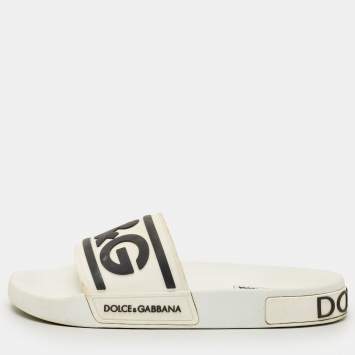 Pre Owned Dolce & Gabbana White/Black Rubber Logo Flat Slides Size 40