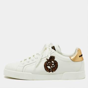 Pre Owned Dolce & Gabbana White/Gold Leather Crown Patch Portofino Low Top Sneakers Size 44.5