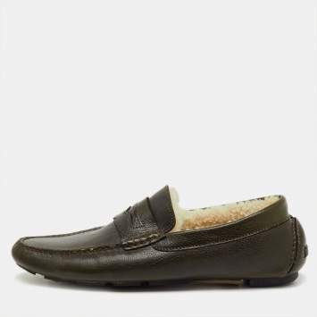 Pre Owned Dolce & Gabbana Olive Green Leather Shearling Fur Slip On Loafers Size 44