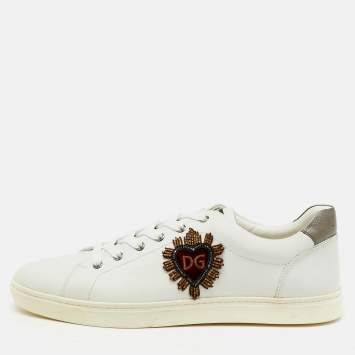 Pre Owned Dolce & Gabbana White Leather Embellished Heart Portofino Sneakers Size 45