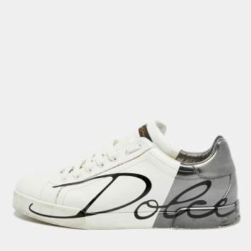 Pre Owned Dolce & Gabbana Portofino Size 45 White/Black Leather Lace Up Sneakers