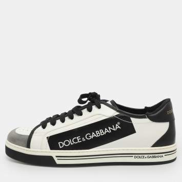 Pre Owned Dolce & Gabbana Log Tape Size 45 White/Black Coated Canvas and Leather Low Top Sneakers