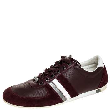 Pre Owned Dolce & Gabbana Burgundy Leather and Suede Metal Logo Sneakers Size 43.5