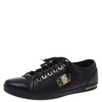 Pre Owned Dolce & Gabbana Black Leather Logo Plaque Sneakers Size 41