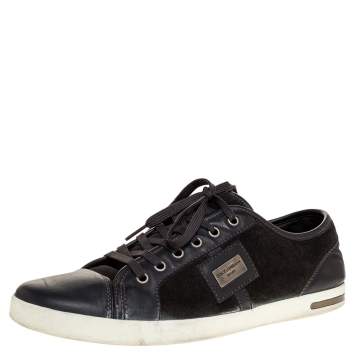 Pre Owned Dolce & Gabbana Grey Leather And Green Suede Logo Plaque Low Top Sneakers Size 42
