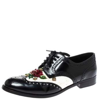 مملوكة مسبقًا Dolce & Gabbana Black Brogue Leather Crystal Embellished Wool and Leather Oxfords Size 41