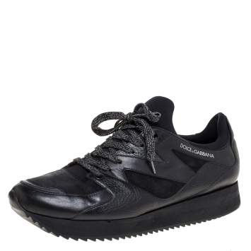 مملوكة مسبقًا Dolce & Gabbana Black Leather, Fabric And Suede Low Top Sneakers Size 44