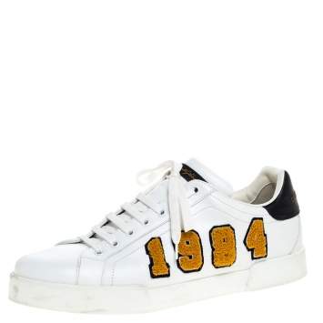 Pre Owned Dolce & Gabbana White/Black King Patch Leather Portofino Low Top Sneakers Size 44