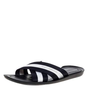 مملوكة مسبقًا Dolce & Gabbana Black/White Canvas Cross Strap Flat Slides Size 43