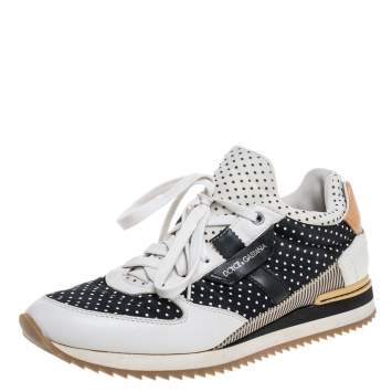 Pre Owned Dolce & Gabbana Black/White Fabric and Leather Polka Dot Lace Sneakers Size 42