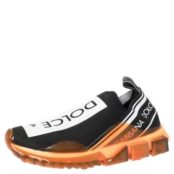Pre Owned Dolce & Gabbana Black/Orange Stretch Jersey Logo Print Slip On Sneakers Size 39