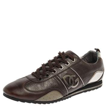 Pre Owned Dolce & Gabbana Brown/Silver Leather Low Top Sneakers Size 42