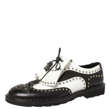 Pre Owned  Dolce & Gabbana Black/White Studded Leather Brogue Detail Fringe Oxfords Size 43