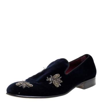 Pre Owned Dolce and Gabbana Navy Blue Velvet Bee Embellished Smoking Slippers Size 43