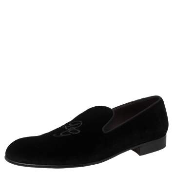 Pre Owned Dolce And Gabbana Black Velvet DG Logo Smoking Slippers Size 45